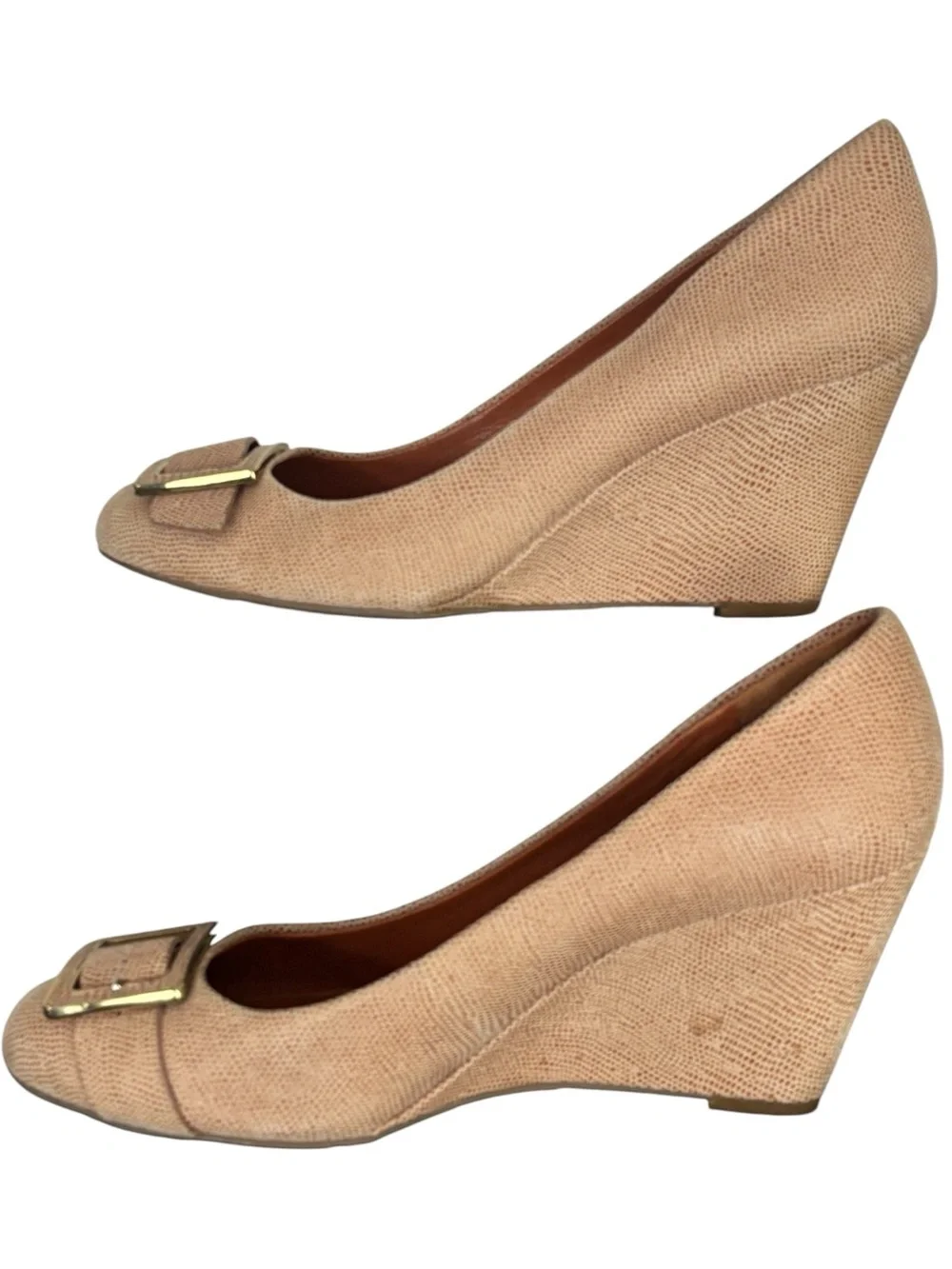 Via Spiga Faina Wedge Pump Beige Lizard Embossed Leather Buckle Heel 8.5